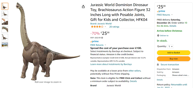 Screenshot of Jurassic World Dominion Brachiosaurus Dinosaur for £25 at Amazon