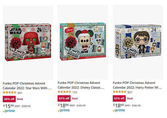 Screenshots of Funko advent calendar price drops at Amazon