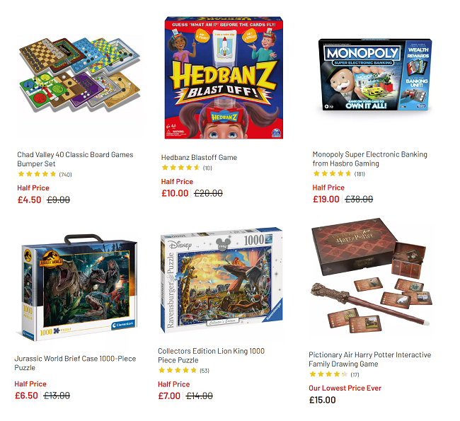 Screenshot of reduced games and puzzles at Argos