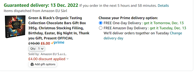 Screenshot of Green & Blacks collection at Amazon basket