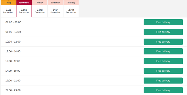 Screenshot of Iceland free delivery slots for 22nd December