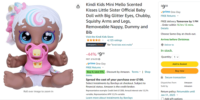 Screenshot of Kindi Kids Scented Little Sister Doll for £9.50 at Amazon