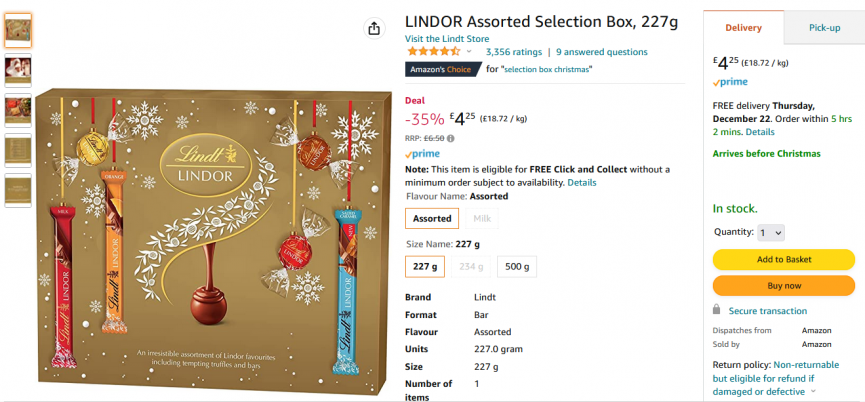 LINDOR Assorted Selection Box, 227g £4.25 @ Amazon
