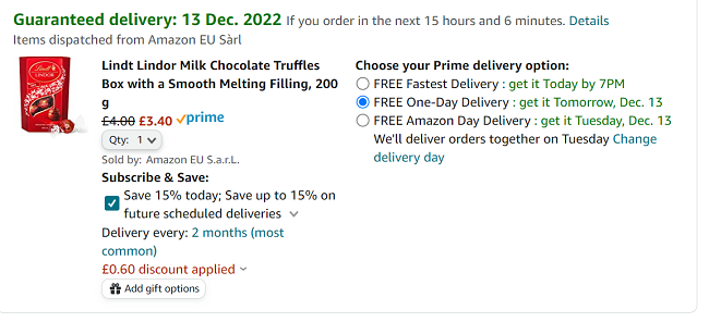 Screenshot of Lindt Lindor Milk Chocolate Truffles Box 200g for £3.40 at Amazon