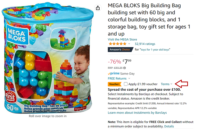 Screenshot of MEGA BLOKS Big Building Bag £6 (with voucher) at Amazon