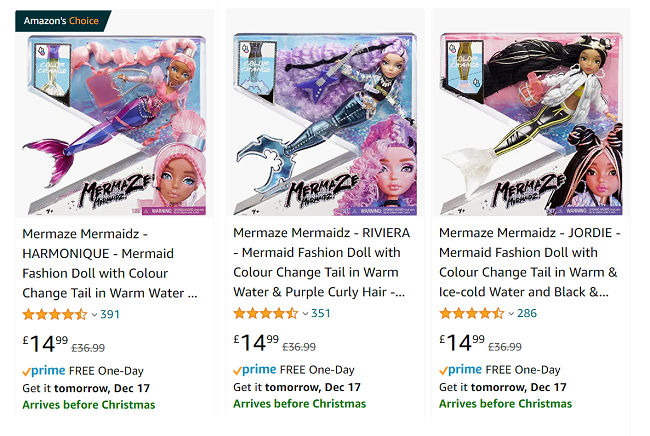 Screenshot of Mermaze Mermaidz Colour Change Dolls £14.99 at Amazon