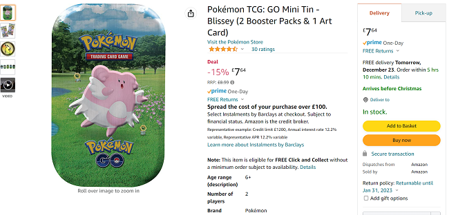 Screenshot of Pokémon Trading Card Game: GO Mini Tin Blissey £7.64 at Amazon