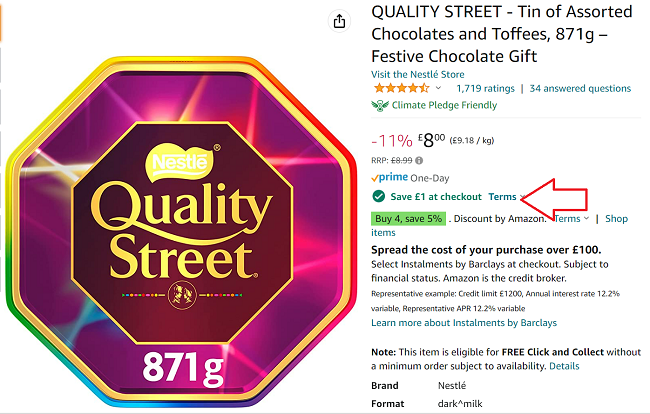 Screenshot of Quality Street 871g Tin £7 at Amazon