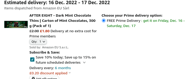 After Eight Mint Chocolate Thins Box 300g £1.80 @ Amazon