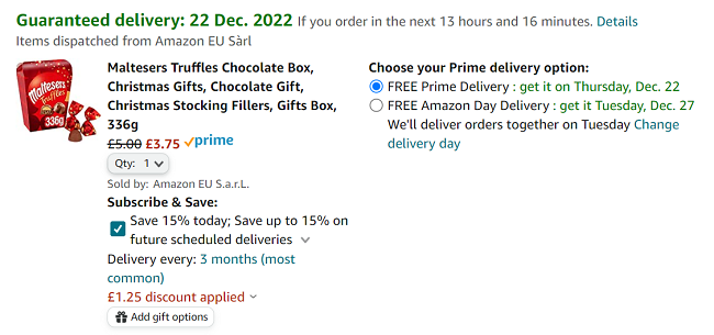 Screenshot of Maltesers Truffles Gift Box 336g for £3.75 at Amazon