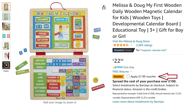 Screenshot of Melissa & Doug My First Daily Wooden Magnetic Calendar £15 With Voucher at Amazon