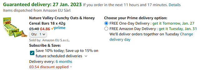 Screenshot of Nature Valley Crunchy Oats & Honey Cereal Bars 18 x 42g £4.86 at Amazon