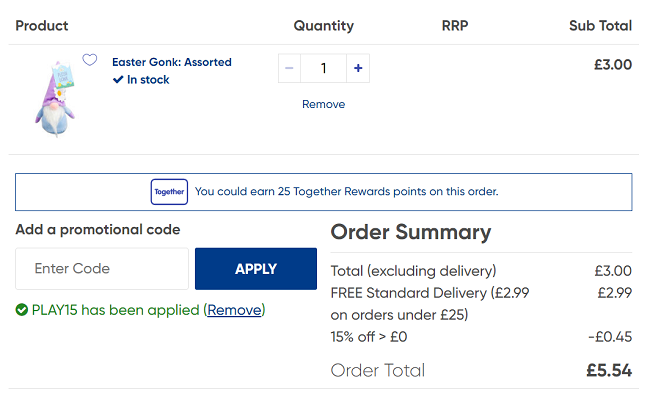 Screenshot showing Easter Gonk for £2.55 with code at The Works