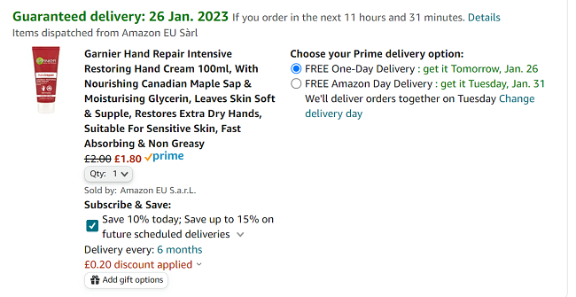 Screenshot of Garnier Hand Repair Intensive Restoring Hand Cream 100ml for £1.80 at Amazon