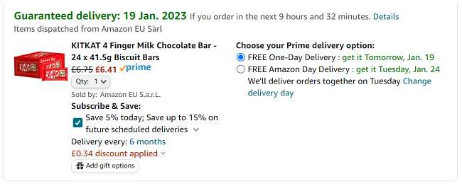Screenshot showing Kit Kat 4 Finger Bars x 24 for £6.41 at Amazon
