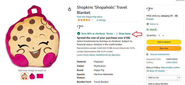 Screenshot showing 40% off at Linen Ideas at Amazon