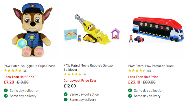 Screenshot of Paw Patrol items at Argos
