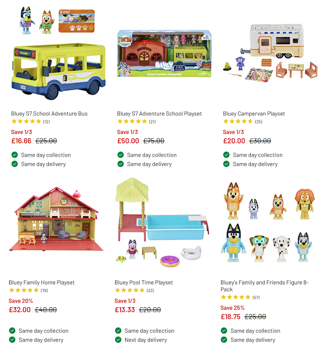 Screenshot of reduced Bluey toys at Argos