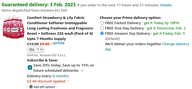 Screenshot of Comfort Strawberry & Lily Fabric Conditioner 220 Wash Pack for £9.60 at Amazon