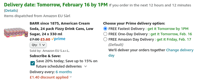 Screenshot of Barr American Cream Soda 330ml Pack of 24 for £5.60 at Amazon