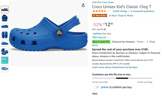 Screenshot of Crocs Unisex Kid's Classic Clog for £12 at Amazon
