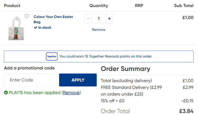 Screenshot of Colour Your Own Easter Bag for 85p with code at The Works