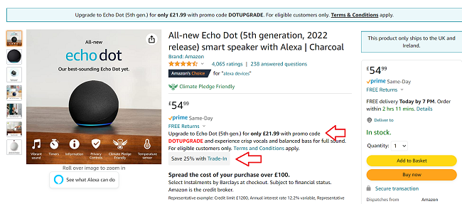 Screenshot showing All-new Echo Dot (5th generation, 2022 release) smart speaker with Alexa £21.99 With Code at Amazon