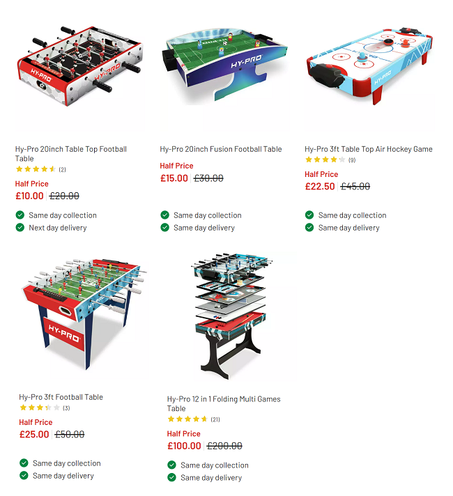 Screenshot of Half Price Games Tables at Argos