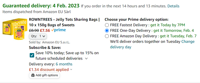Screenshot showing Rowntrees Jelly Tots Sharing Bags 10 x 150g £7.56 at Amazon