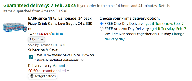 Screenshot of BARR Lemonade 24 x 330ml Cans for £4.49 at Amazon