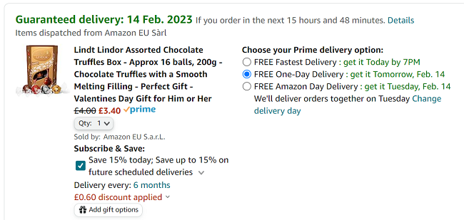 Screenshot showing Lindt Lindor Assorted Chocolate Truffles Box 200g for £3.40 at Amazon
