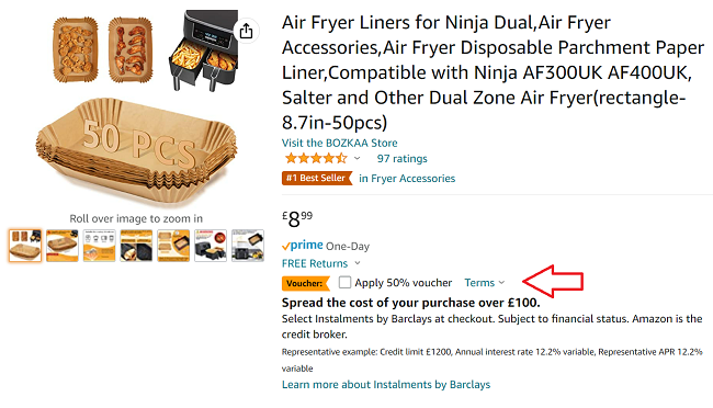 Screenshot of Air Fryer Liners 50 Pack £4.49 With Voucher at Amazon