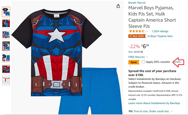Screenshot of Kids Marvel Pyjamas From £3.49 With Voucher at Amazon Get Trend
