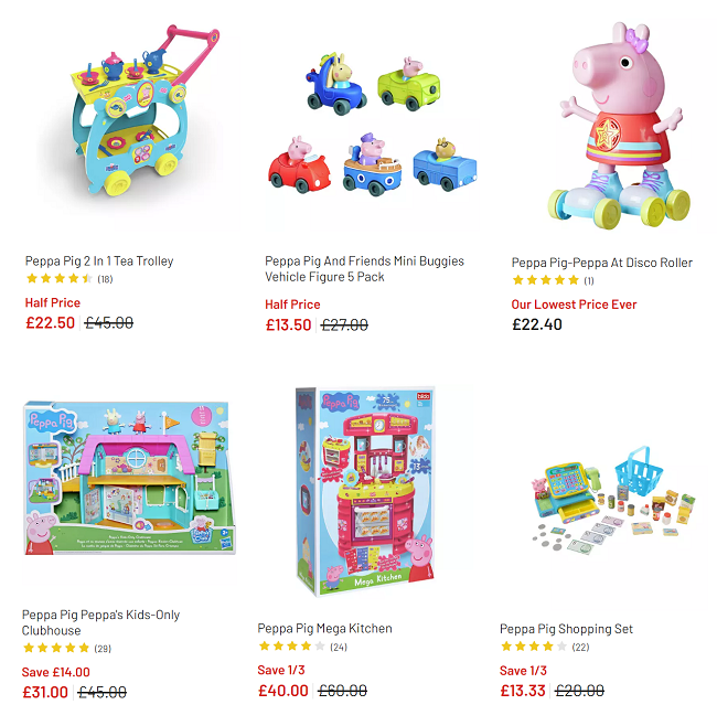 Screenshot of reduced Peppa Pig toys at Argos