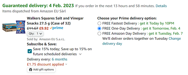 Screenshot of Walkers Squares Salt and Vinegar Snacks 27.5g Case Of 32 for £9.92 at Amazon
