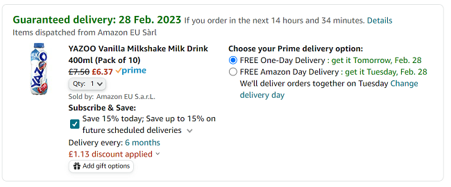 Screenshot of Pack Of 10 Yazoo Milkshake Drink 400ml £6.37 at Amazon