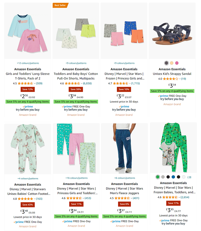 Screenshot of Amazon Essentials Clothing offers at Amazon