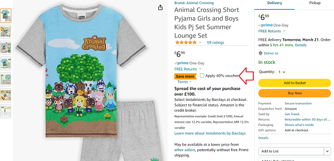Screenshot of Animal Crossing Pyjamas £4.19 With Voucher at Amazon seller Get Trend