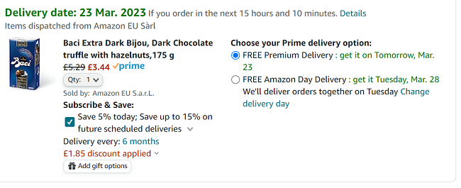 Screenshot of Baci Extra Dark Bijou Chocolate Truffle With Hazelnuts 175g £3.44 at Amazon