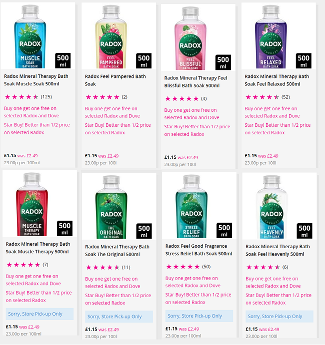 Screenshot of offer stack on Radox Mineral Therapy Bath Soak 500ml at Superdrug