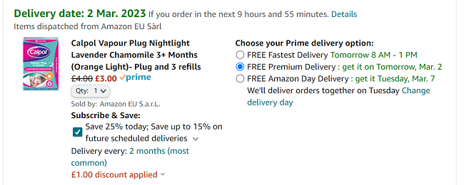 Screenshot showing Calpol Vapour Plug Nightlight Lavender Chamomile 3+ Months Plug and 3 refills £3 at Amazon