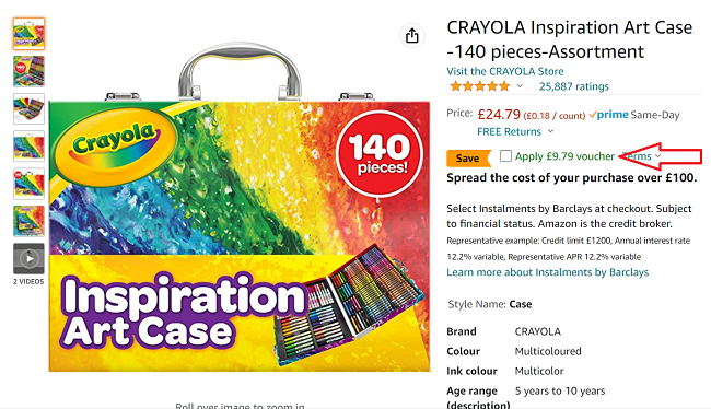 Screenshot of Crayola 140 Piece Inspiration Art Case for £15 with voucher at Amazon