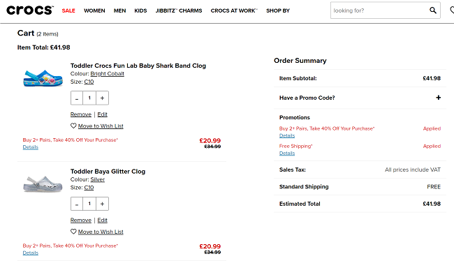 Screenshot showing Buy 2 Pairs Get 40% Off offer and Free Shipping at Crocs