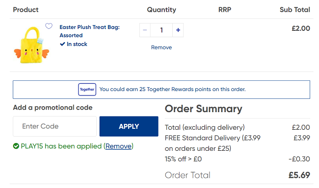 Screenshot of Easter Plush Treat Bag £1.70 With Code at The Works