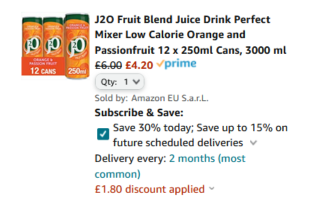 Screenshot of J2O Fruit Blend Orange and Passionfruit 12 x 250ml Cans £4.20 at Amazon