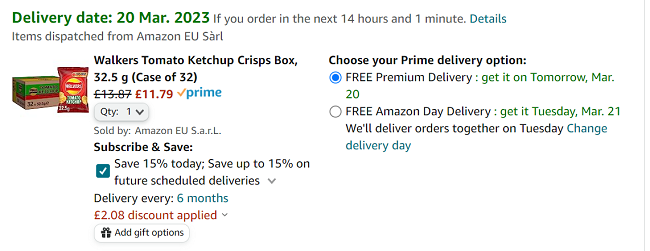 Screenshot of Walkers Tomato Ketchup Crisps Box 32.5g Case of 32 £11.79 at Amazon