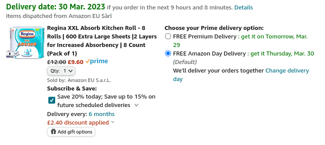 Screenshot of Regina XXL Absorb Kitchen Roll 8 Rolls for £9.60 at Amazon