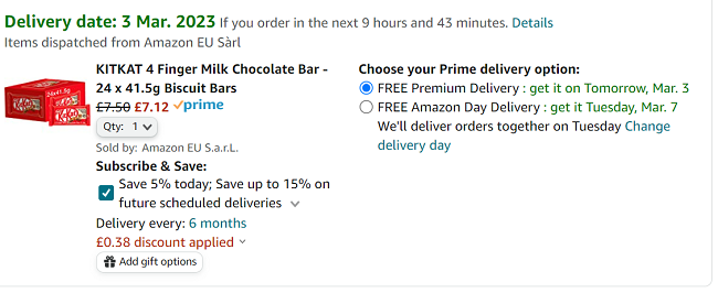Screenshot of Kit Kat 4 Finger Bars x 24 £7.12 at Amazon