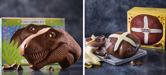 Marks and Spencer Chocosaurus Rex and Chocolate Hot Cross Bun from Ocado