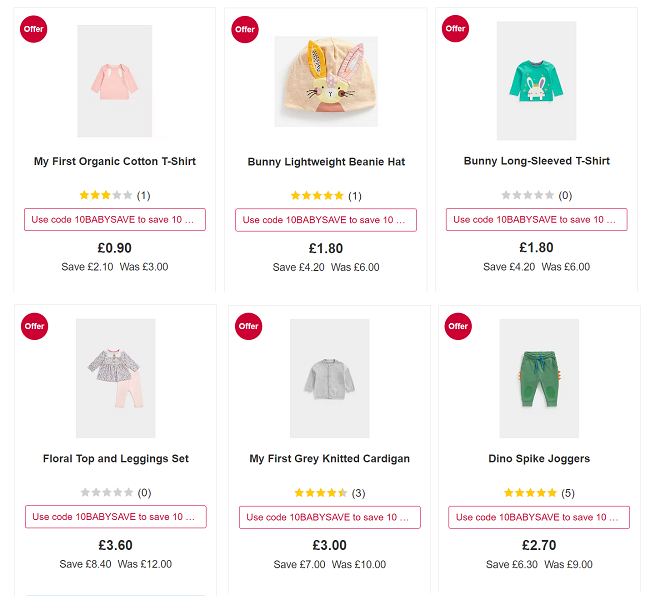 Screenshot of 70% Off Selected Mothercare Clothing at Boots